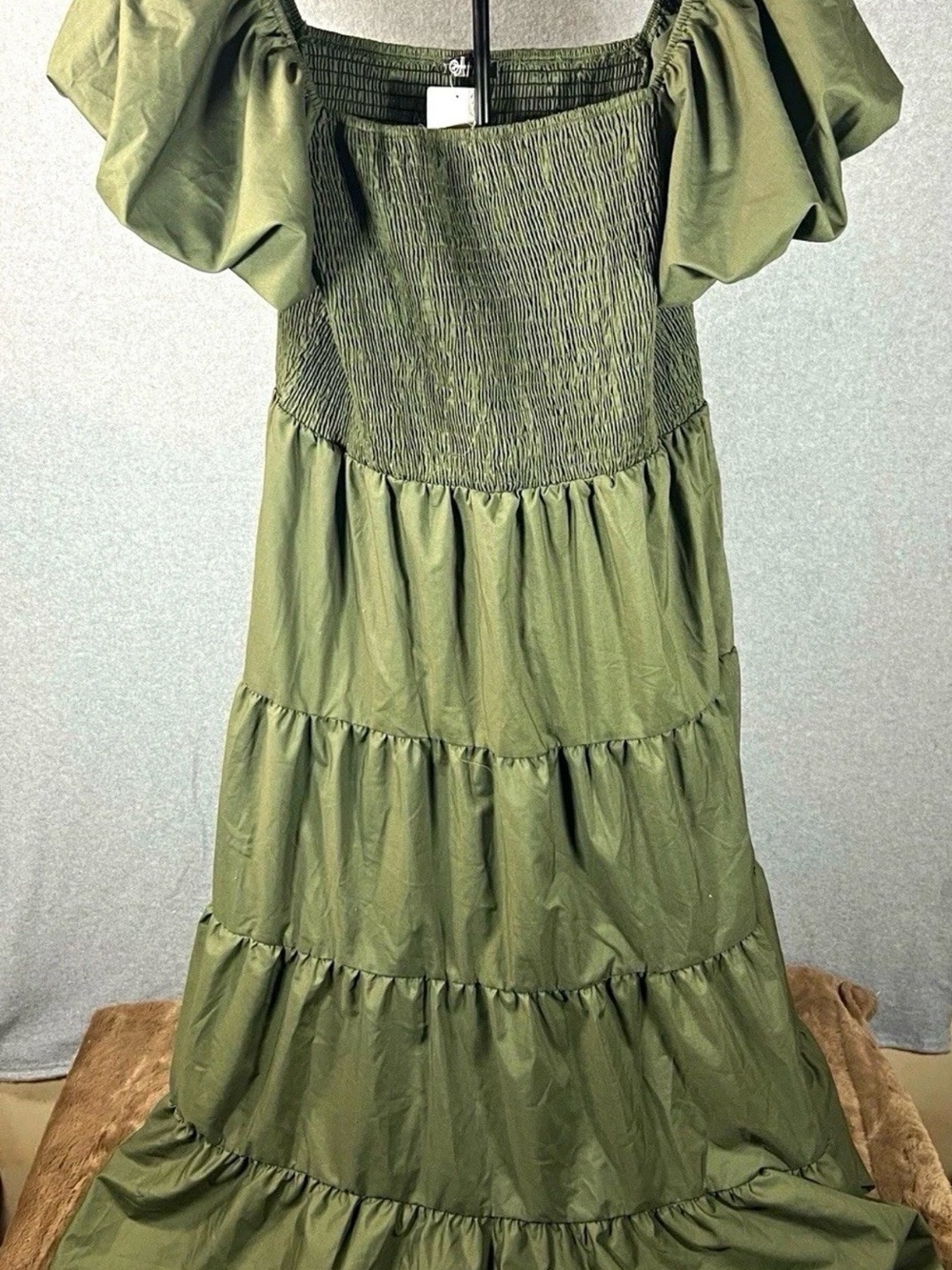 Smocked Olive Green Tiered Maxi Dress with Puff Sleeves